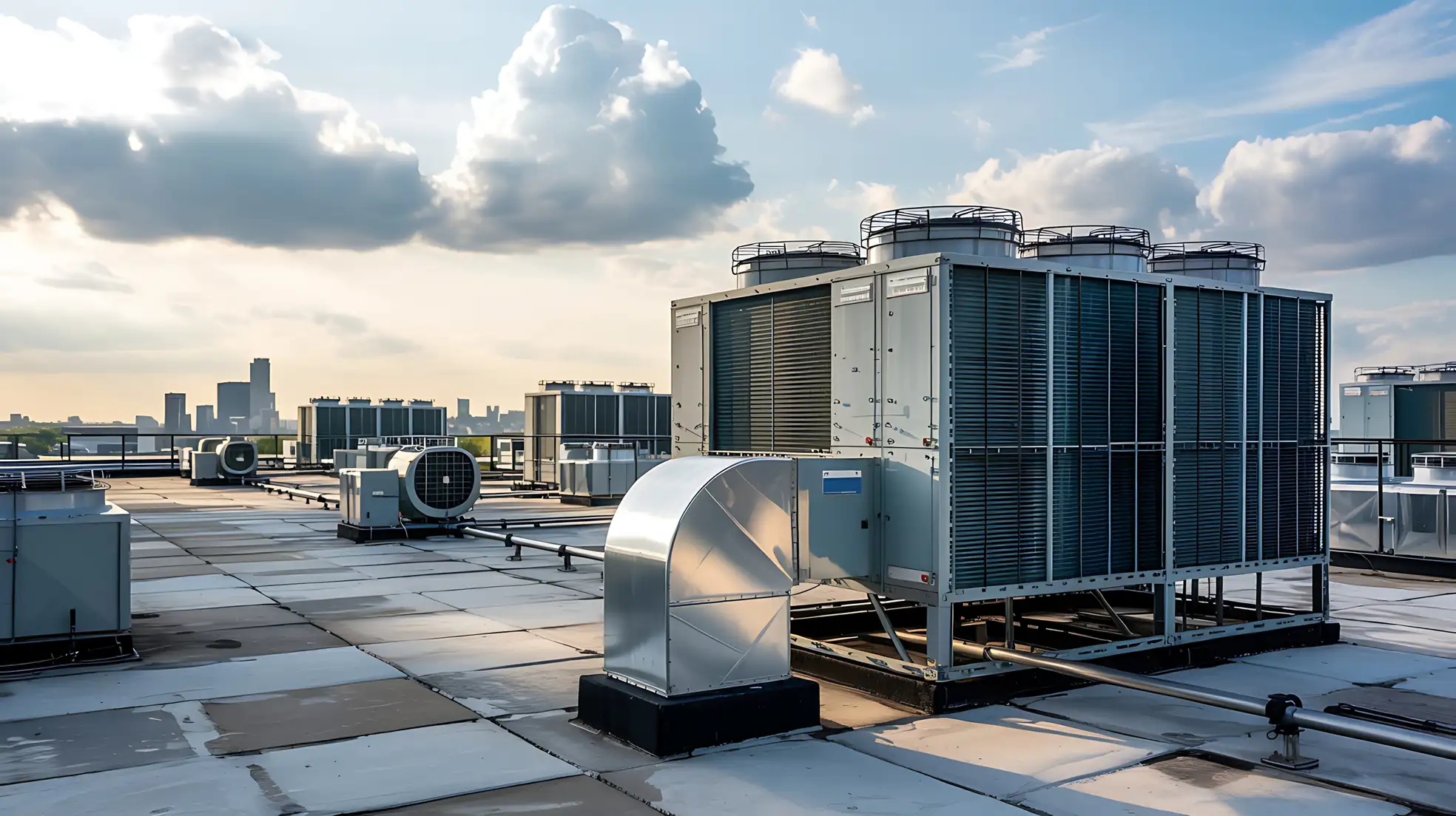 HVAC cooling towers and mechanical equipment on a commercial building rooftop at sunset