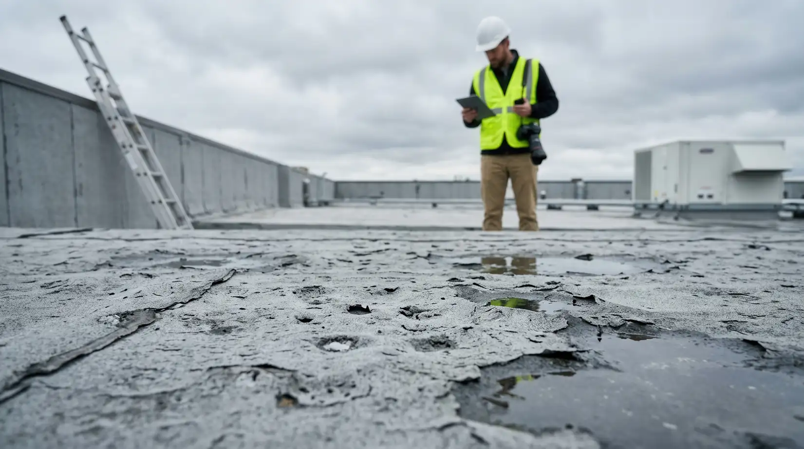 Insurance appraiser with tablet and camera documenting ponding water and membrane damage during a flat roof damage inspection