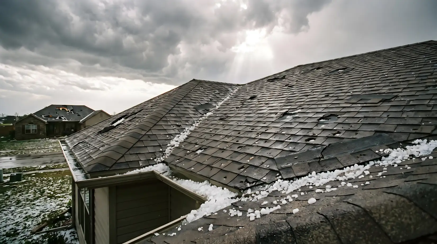 Hail damage roof showing dented and cracked asphalt shingles with hailstones scattered across the surface after a severe storm