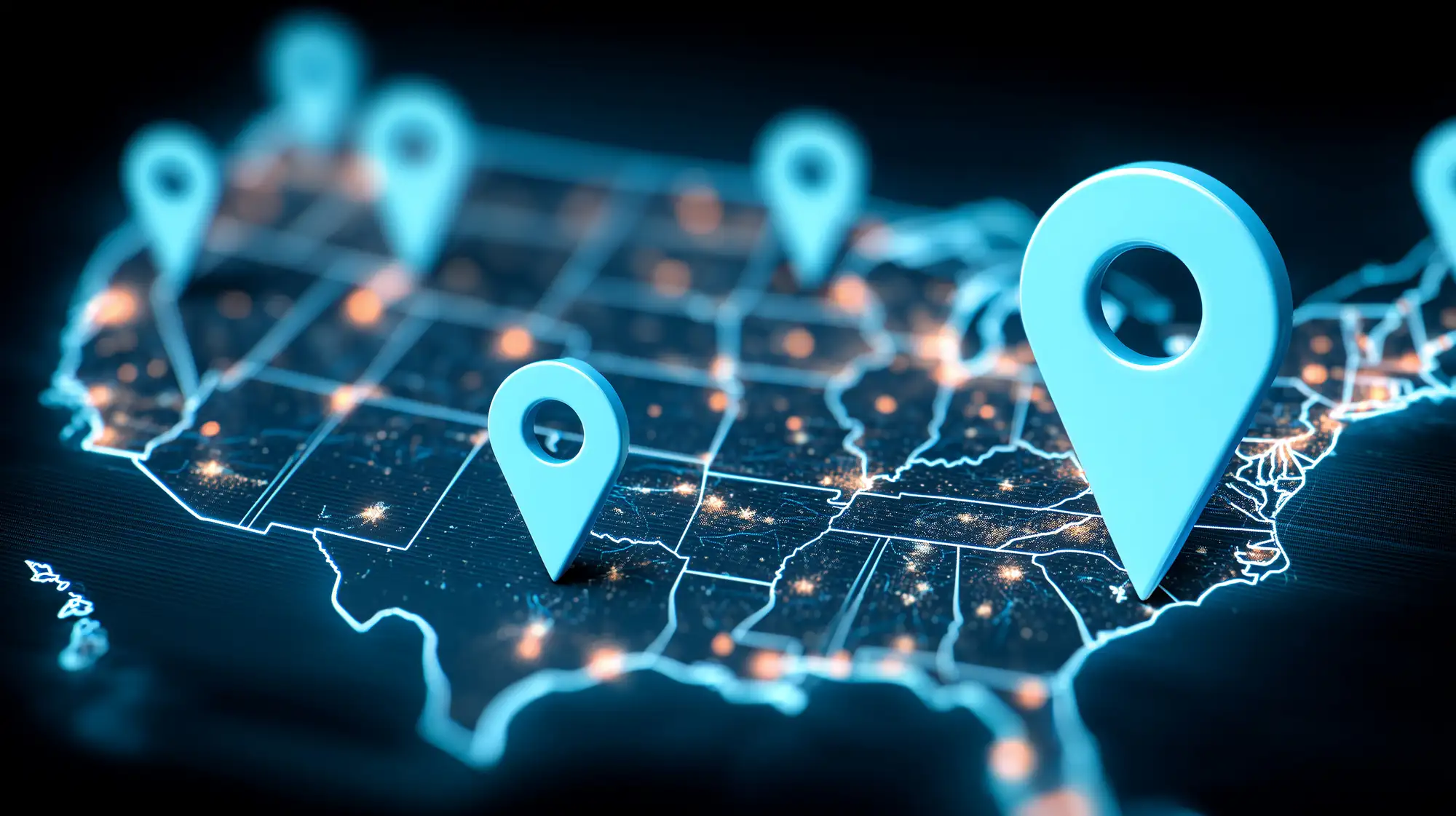 Map of the United States with glowing location pins marking JustAppraisals' nationwide appraisal services coverage