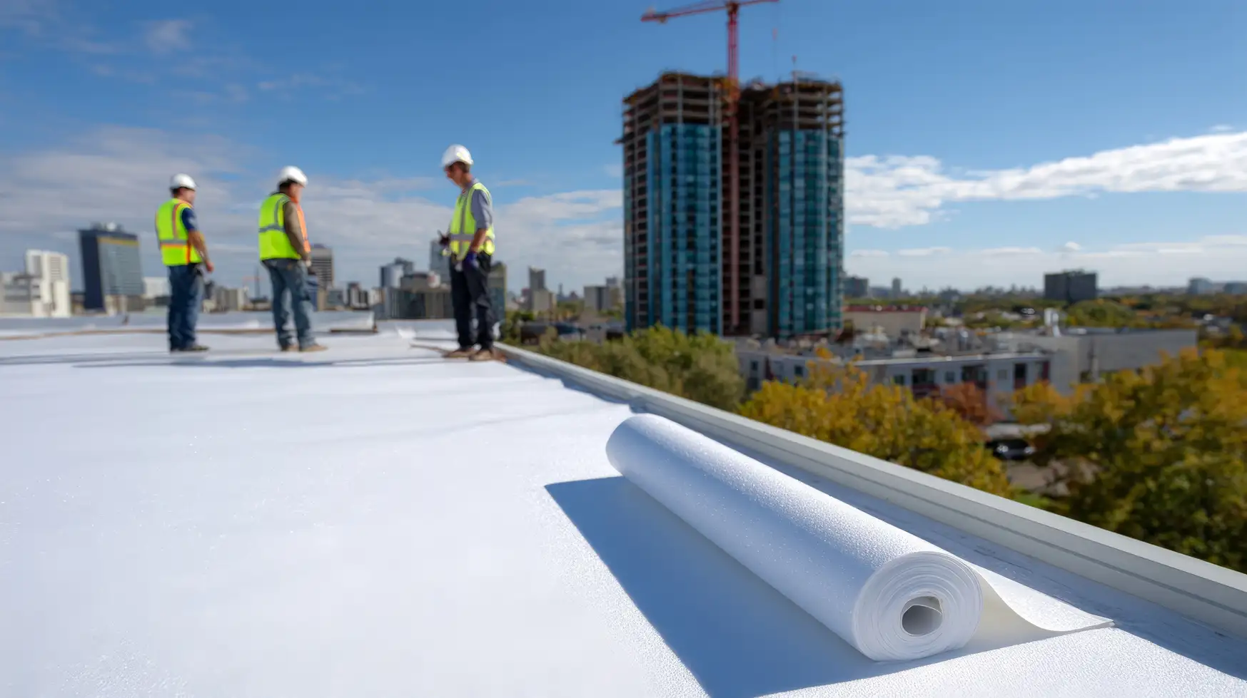 Roofing crew installing a new TPO membrane on a commercial flat roof after storm damage repairs